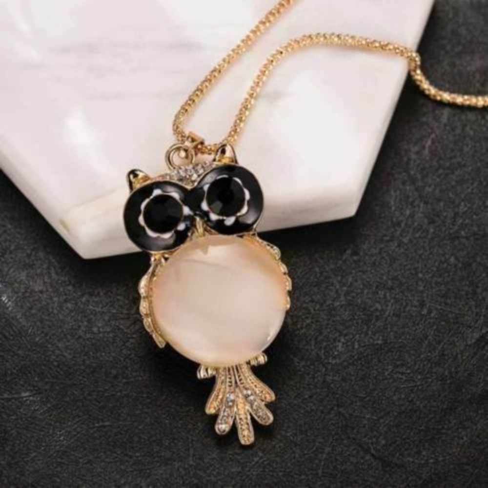 Black White Owl Pendant Necklace - Picture 1 of 5